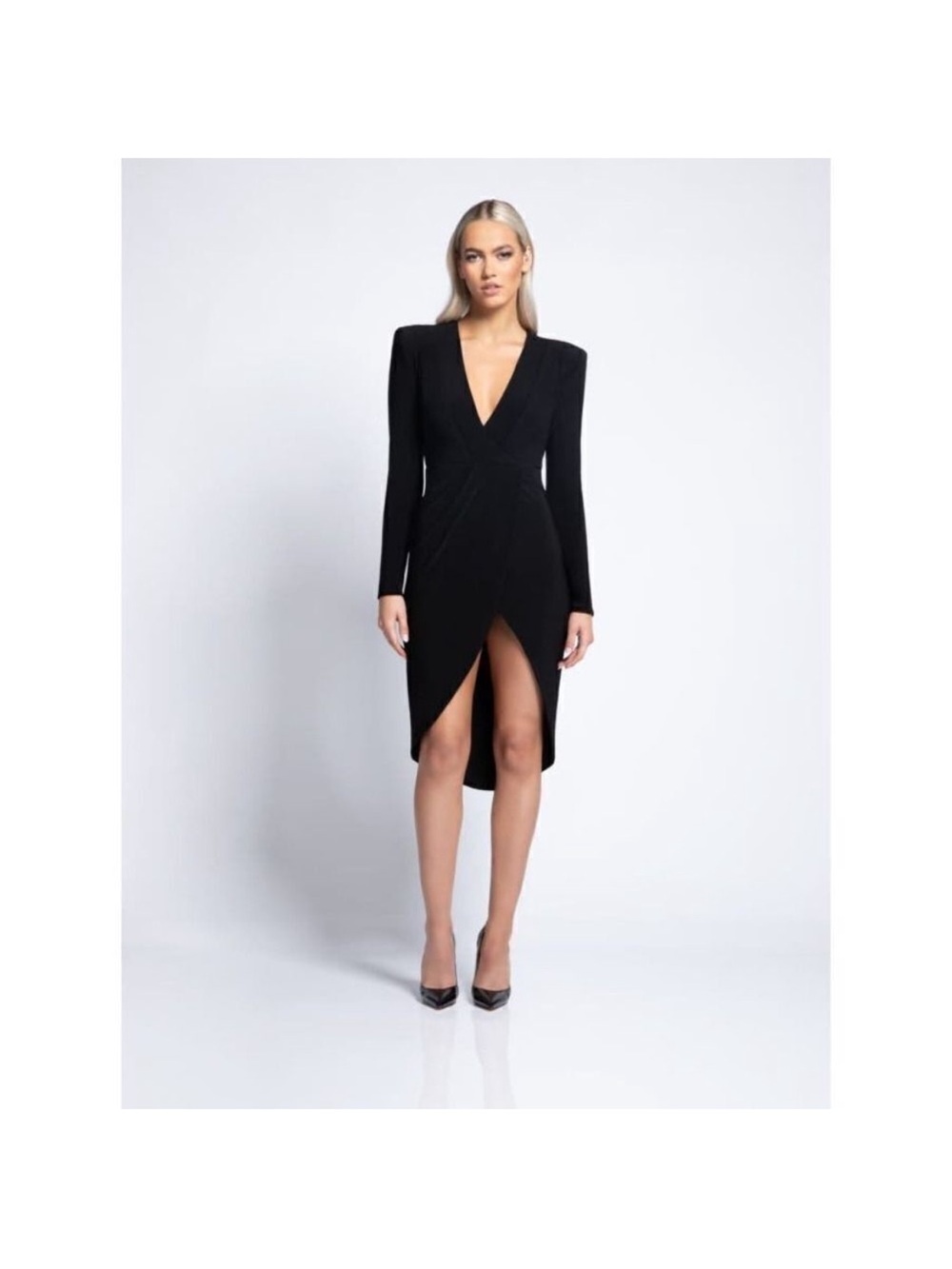 Zhivago Black Long Sleeve V-Neck Draped Midi Dress